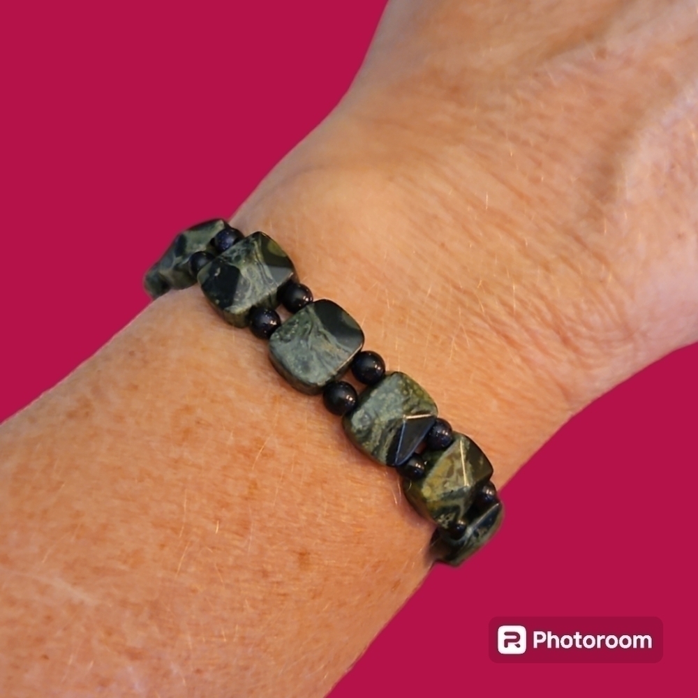 HANDMADE Kambaba Jasper Onyx Square Beaded Stretch Bracelet